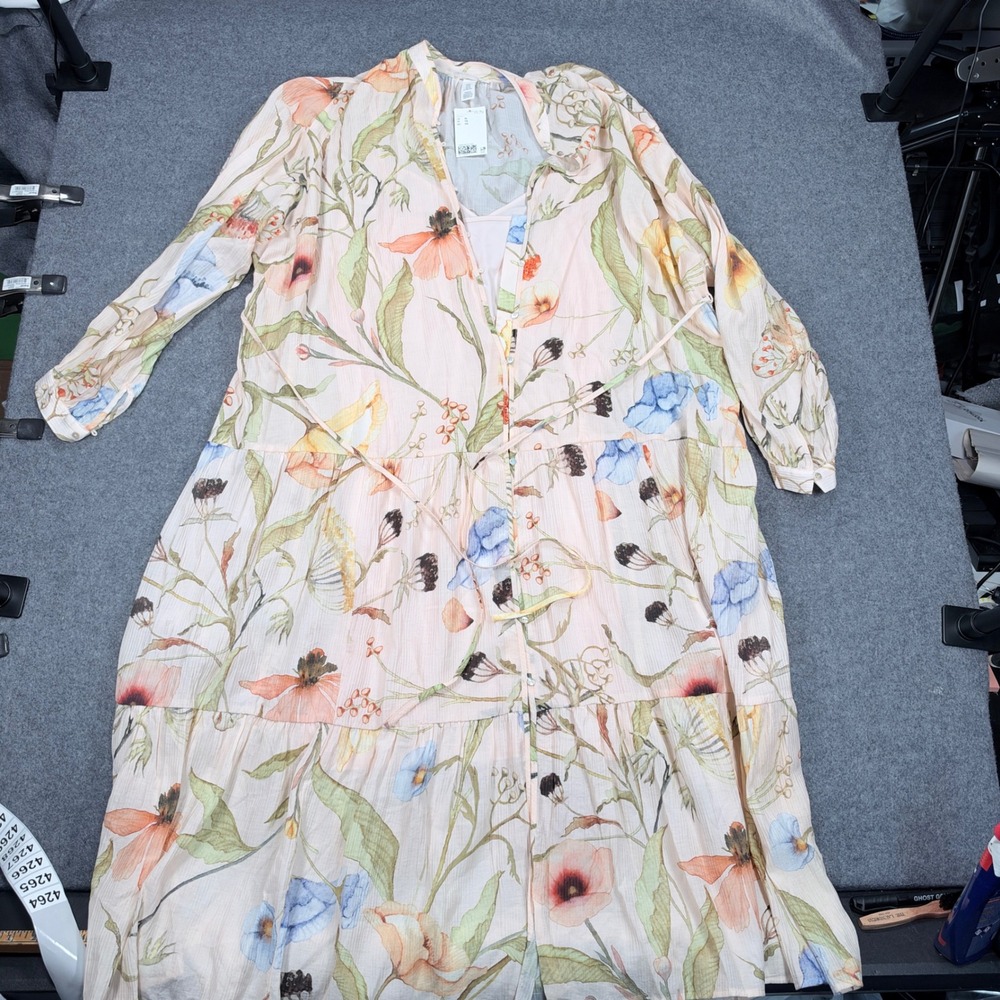 H&M Floral Chiffon Maxi Dress Pink Watercolor Tiered Button Front XL NEW